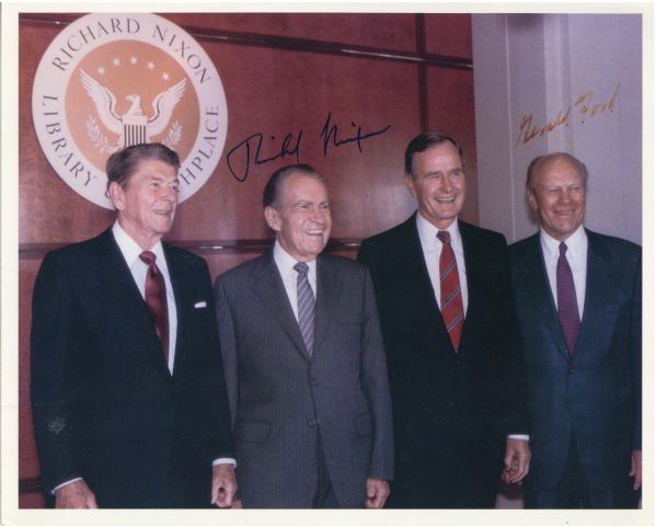 Richard Nixon & Gerald R. Ford Dual Signed 8" x 10" Photo (Nixon Library Opening)(PSA/DNA)