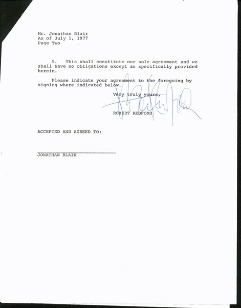 Robert Redford Signed 2-Page 1977 Royalty Contract (PSA/DNA)