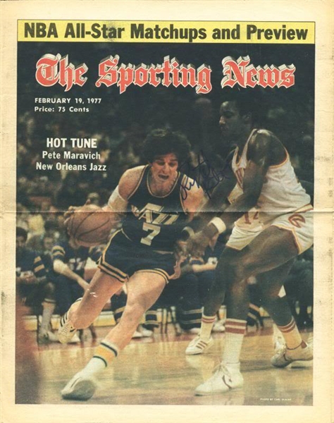 "Pistol" Pete Maravich Signed February 1977 "The Sporting News" Magazine Cover (PSA/DNA)