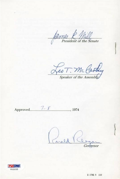 Ronald Reagan Signed as Governor 1974 CA State Law Resolution (PSA/DNA)