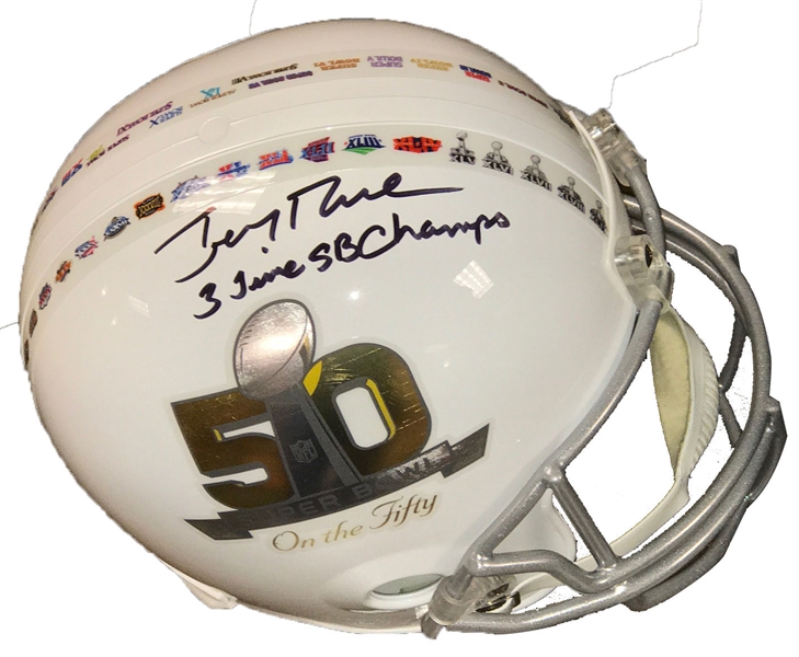 Jerry Rice Signed & Inscribed Super Bowl 50 Replica Commemorative Helmet (PSA/DNA)