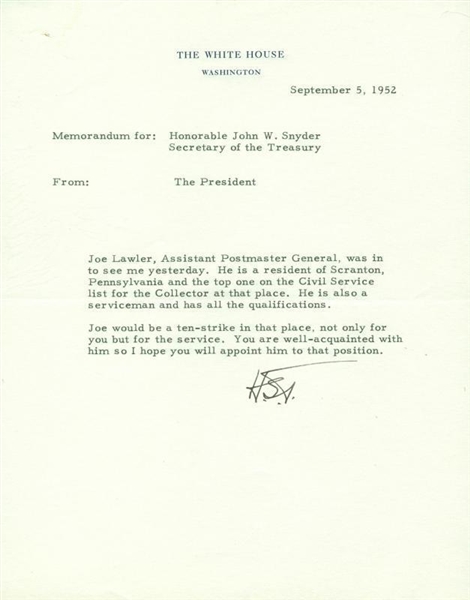 President Harry Truman Signed Typed 1952 White House Letter to Secretary of Treasury (PSA/DNA)