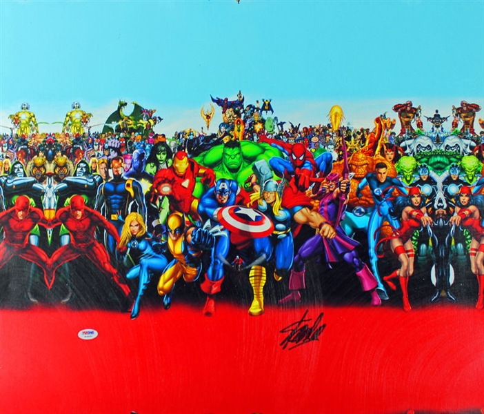 Stan Lee Signed Marvel Universe Cast 16" x 20" Canvas (PSA/DNA)
