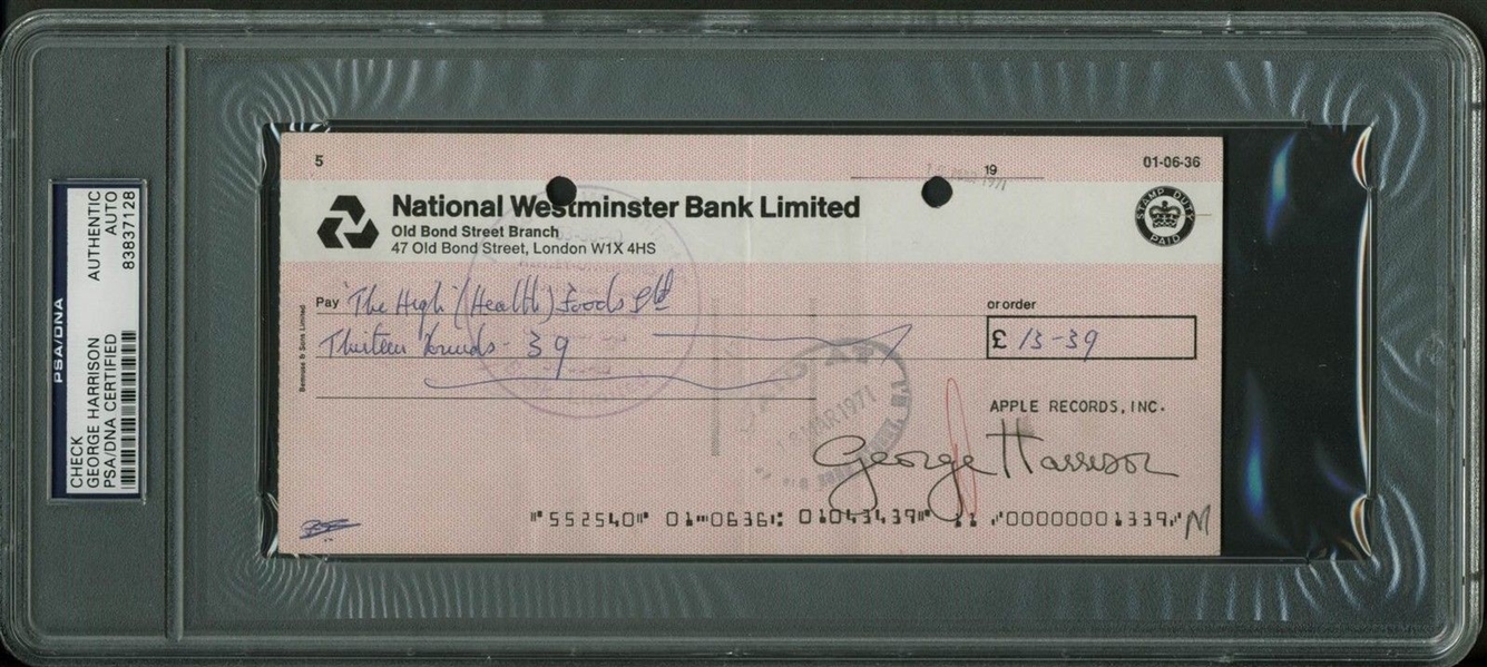 The Beatles: George Harrison Signed 1971 Apple Corps Limited Bank Check (PSA/DNA Encapsulated)