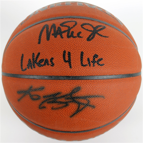 Lakers: Kobe Bryant & Magic Johnson Dual-Signed Spalding NBA Leather Basketball w/ "Lakers 4 Life" Inscription (PSA/DNA)