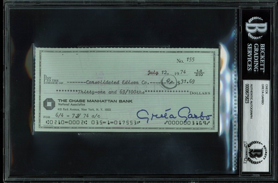 Greta Garbo Signed & Hand Written Bank Check (BAS/Beckett Encapsulated)