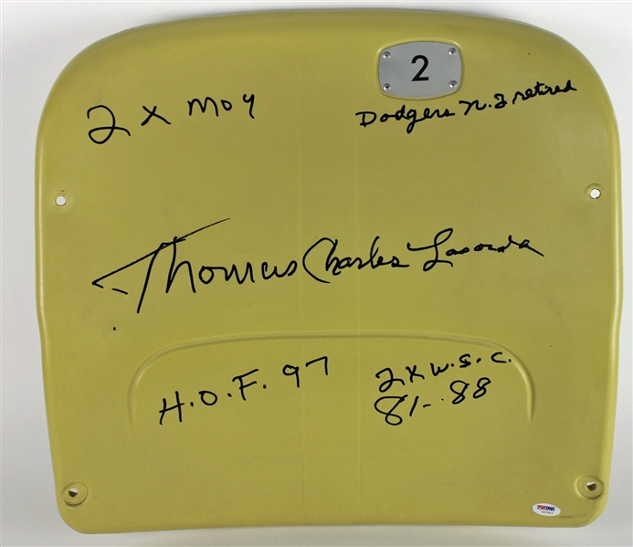 Tommy Lasorda Signed & Stat Inscribed Authentic Dodgers Stadium Seat Back (PSA/DNA)