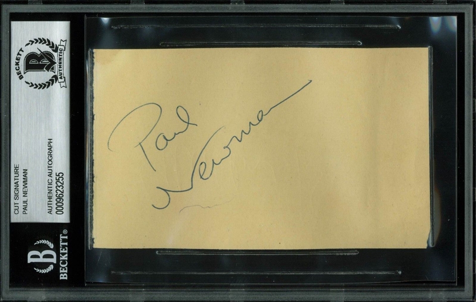 Paul Newman Signed 3" x 5" Album Page (BAS/Beckett Encapsulated)