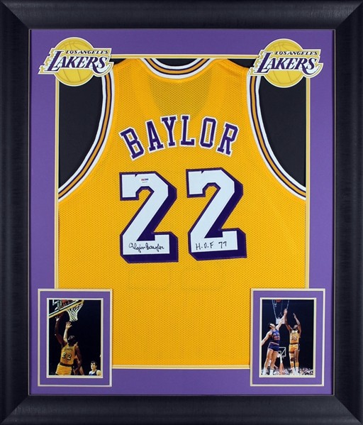 Elgin Baylor Signed Lakers Jersey in Custom Framed Display (PSA/DNA)