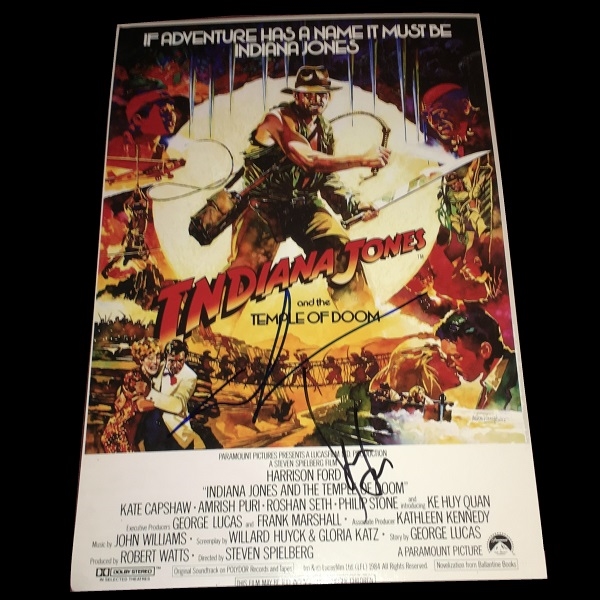 Indiana Jones: Harrison Ford & George Lucas Dual-Signed 12" x 18" "Temple of Doom" Mini Poster (BAS/Beckett Guaranteed)