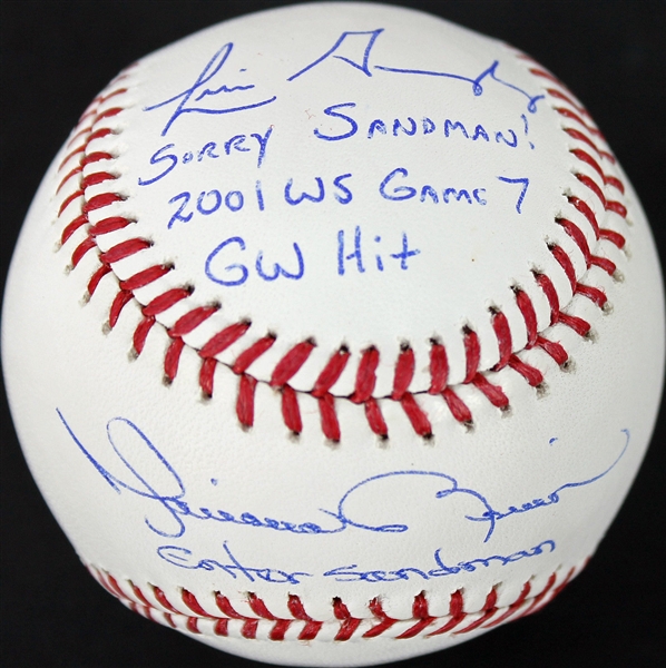 2001 World Series: Mariano Rivera & Luis Gonzalez Dual-Signed & Inscribed OML Baseball (Steiner & PSA/DNA)