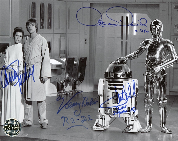 Star Wars: Carrie Fisher, Mark Hamill, Anthony Daniels & Kenny Baker Signed 8" x 10" B&W Photograph (Beckett/BAS Guaranteed)