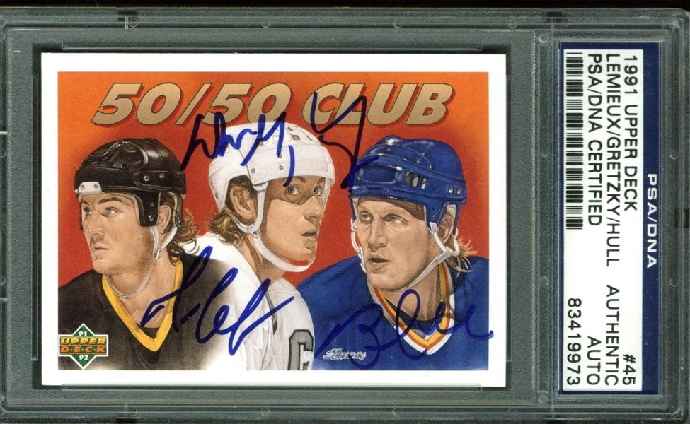 1991 Upper Deck 50/50 Club Card Signed by Gretzky, Lemieux, & Hull (PSA/DNA Encapsulated)
