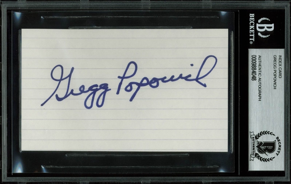 Spurs: Gregg Popovich Signed 3" x 5" Index Card (BAS/Beckett Encapsulated)