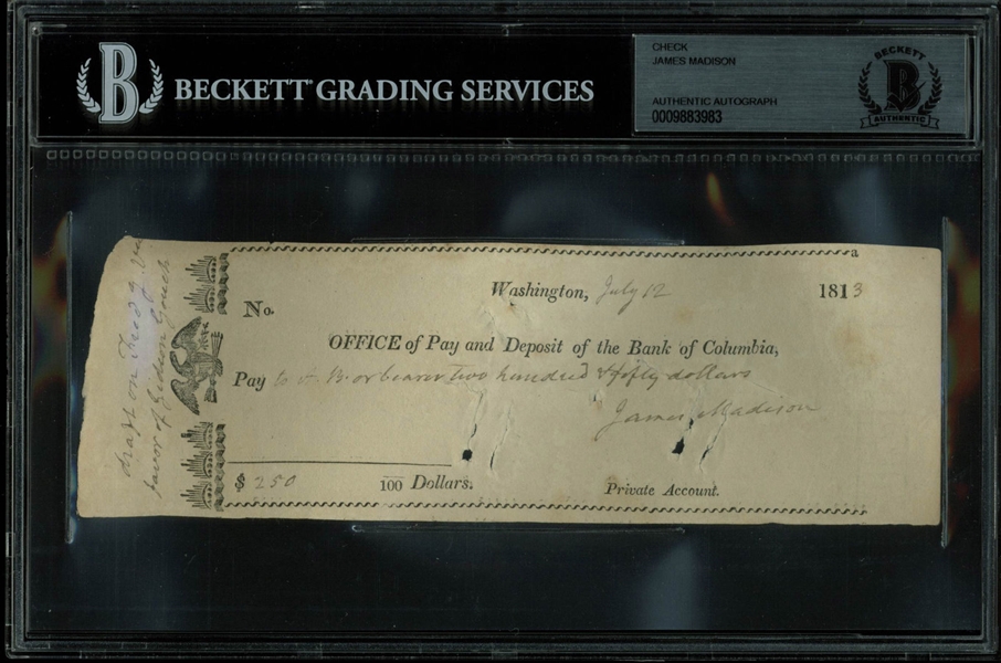 James Madison Rare Handwritten & Signed Check as President! (Beckett/BAS Encapsulated)