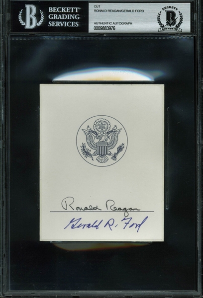 Presidents Ronald Reagan & Gerald Ford Dual-Signed 3.75" x 4.5" Cut (BAS/Beckett Encapsulated)