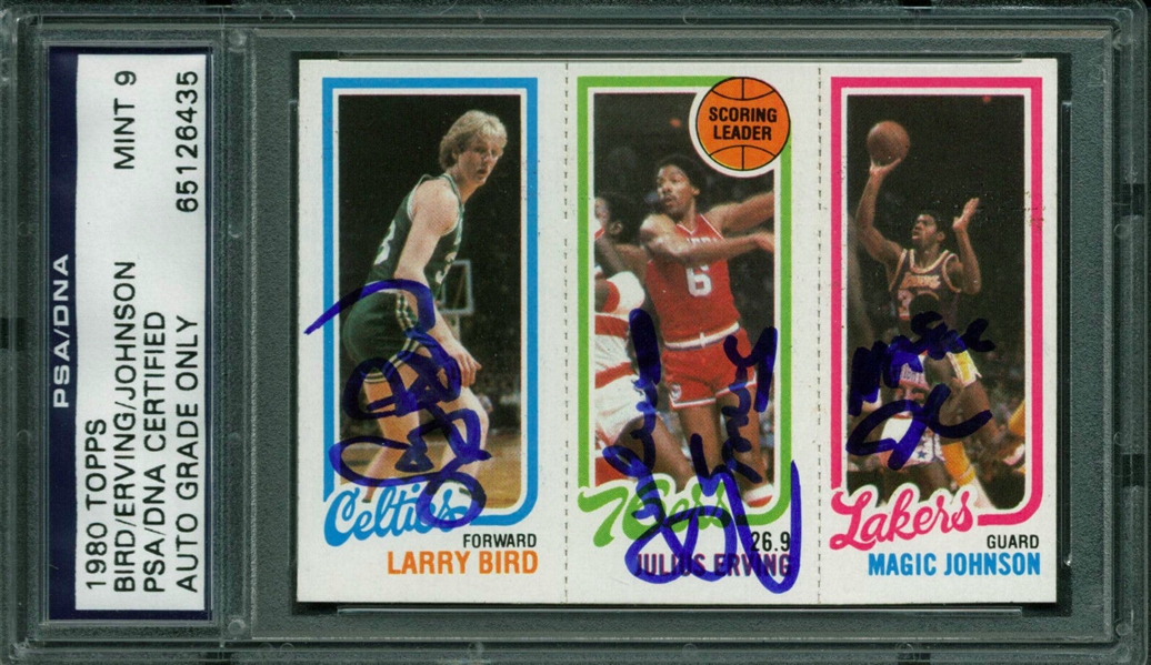1980-81 Topps Magic Johnson, Larry Bird & Julius Erving Card - Signed by All 3 - Magic & Birds Rookie - PSA/DNA Graded MINT 9