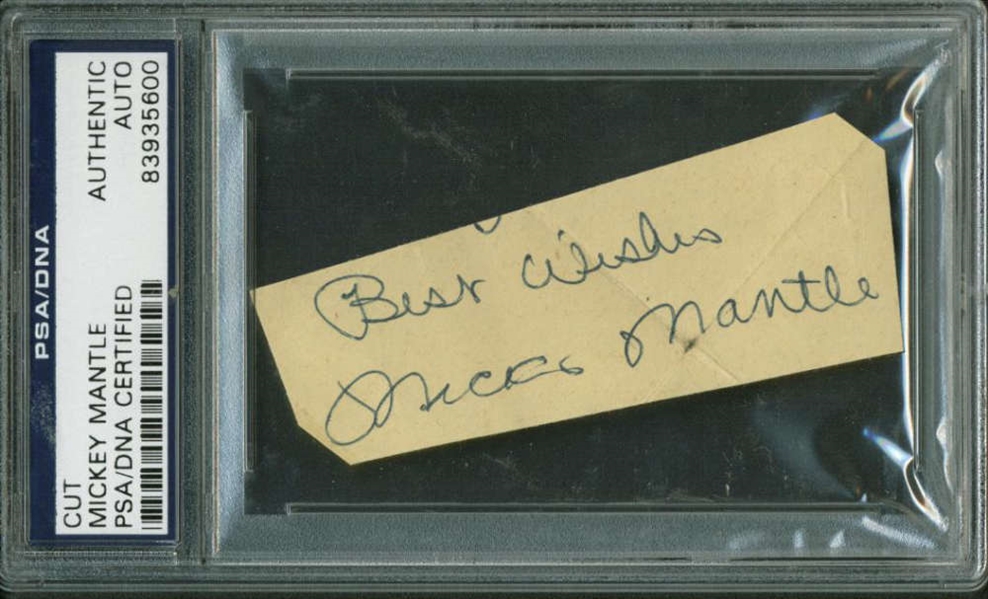 Mickey Mantle Near-Mint Triple Crown Era Signed 1" x 3" Album Page (PSA/DNA Encapsulated)