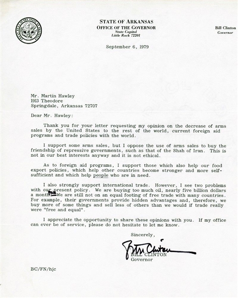 Bill Clinton Signed 1979 Letter w/ Incredible International Trade Content PSA/DNA MINT 9!