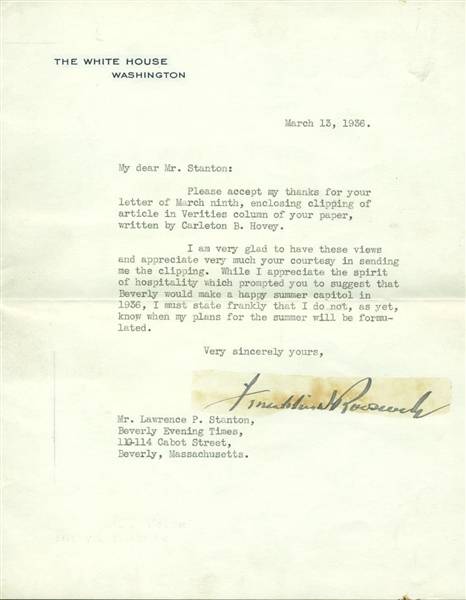 President Franklin D. Roosevelt Signed White House Letter as President (1936)(PSA/DNA)