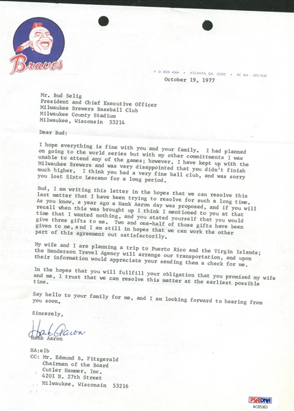 Hank Aaron Signed 7.5" x 10" Braves 1977 Letter To Bud Selig! (PSA/DNA)