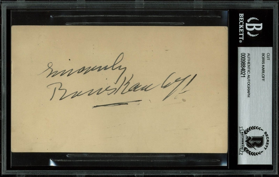 Frankenstein: Boris Karloff Signed Postcard (BAS/Beckett Encapsulated)
