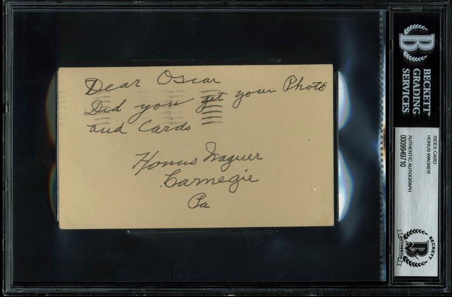 Honus Wagner Signed 3" x 5" 1949 Index Card (BAS/Beckett Encapsulated)