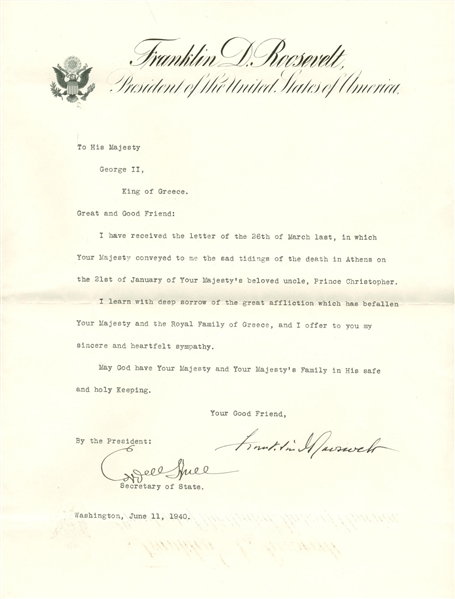 President Franklin D. Roosevelt Signed 1940 Letter to The King of Greece! (Beckett/BAS Guaranteed)