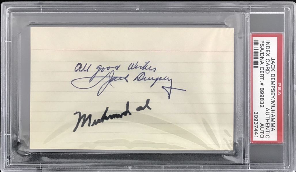 Muhammad Ali & Jack Dempsey Dual Signed 3" x 5" Index Card (PSA/DNA Encapsulated)