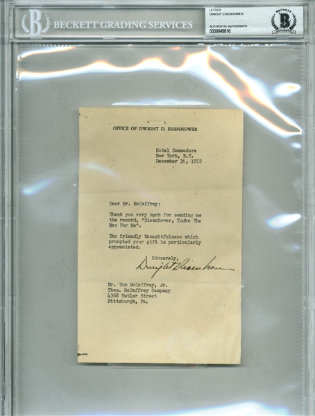 Dwight D. Eisenhower Typed & Hand-Signed 1952 Letter (BAS/Beckett Encapsulated)