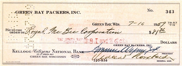 Vince Lombardi Choice Signed Packers Business Bank Check (JSA)