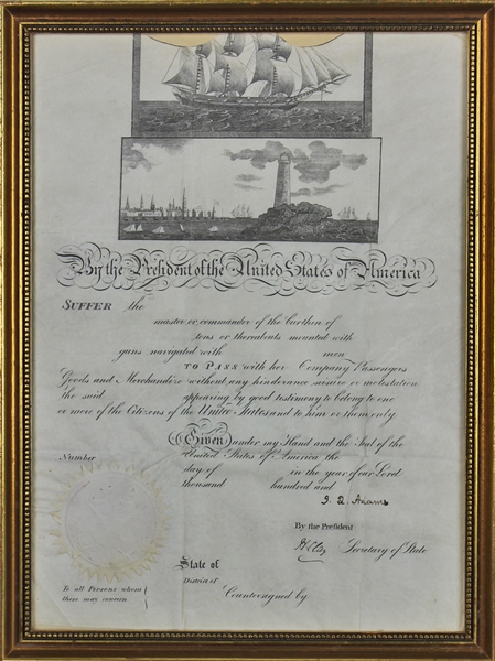 ULTRA RARE John Quincy Adams & Henry Clay Dual-Signed & Framed 12" x 16" Ships Passport Document (BAS/Beckett)