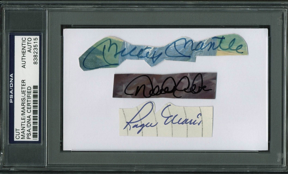 Yankees Legends: Mickey Mantle, Roger Maris & Derek Jeter Signed Cut Display (PSA/DNA Encapsulated)