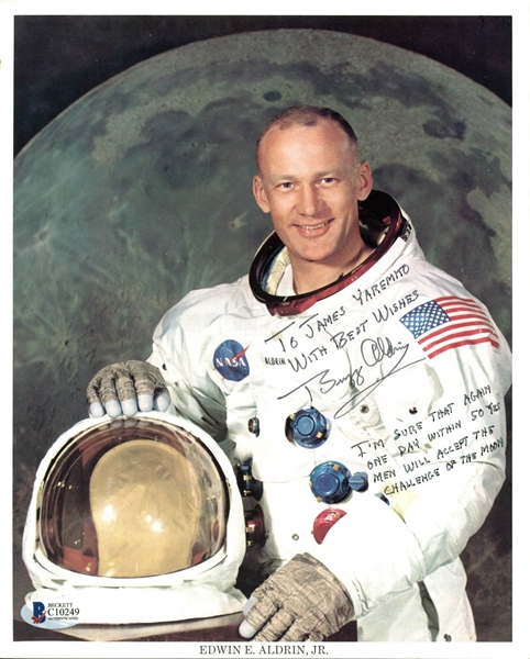 Apollo XI: Buzz Aldrin Signed 8" x 10" Official NASA Photo w/ Unique Moon Inscription! (BAS/Beckett)
