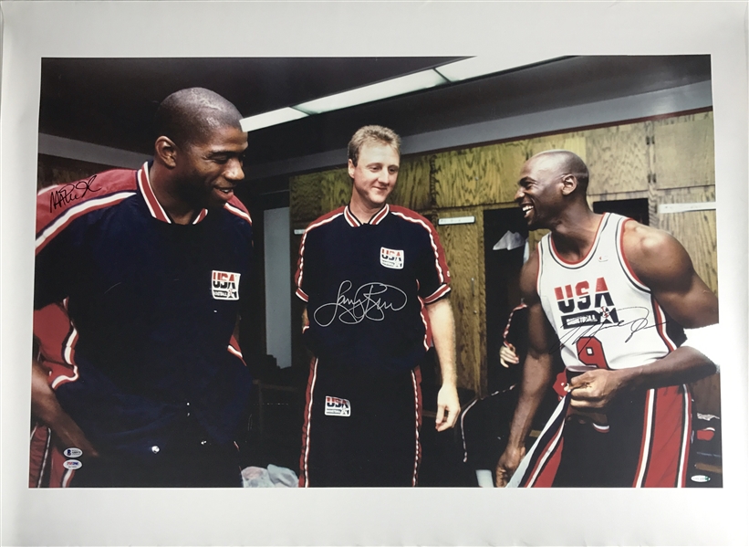 Michael Jordan, Magic Johnson & Larry Bird Signed 40" x 30" Rare Oversized Canvas Print (UDA & PSA/DNA)