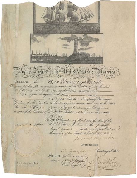 President James Monroe & John Quincy Adams Dual Signed 1823 Ships Pass w/ Superb Seal! (PSA/DNA)