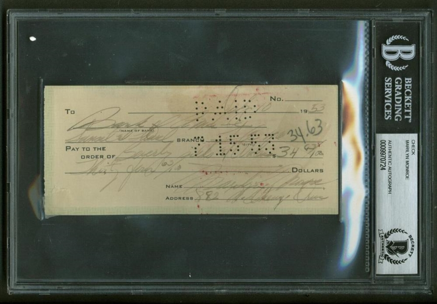 Marilyn Monroe Signed & Hand Written 1953 Bank Check (Beckett Encapsulated)