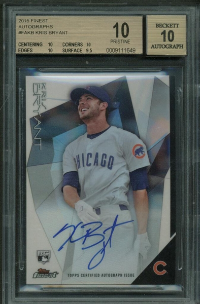 Kris Bryant Signed 2015 Finest Autographs Rookie Card BGS Graded 10, 10!