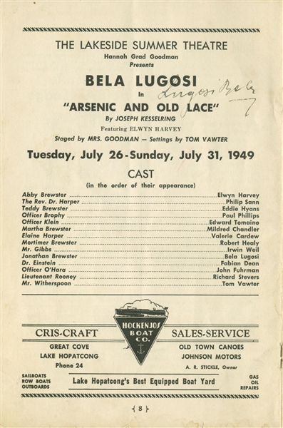 Bela Lugosi Vintage Signed 1949 Lakeside Theatre Play Booklet (Beckett)