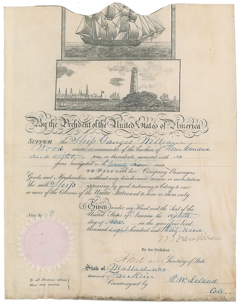 President Martin Van Buren Signed 1839 Ships Pass Document (Beckett/BAS)