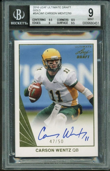 Carson Wentz Signed 2016 Leaf Ultimate Draft Gold Auto Rookie Card BGS MINT 9!