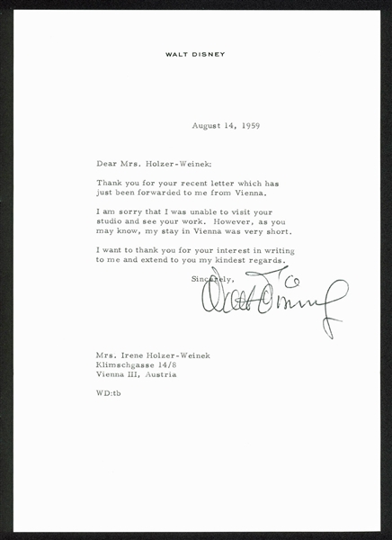 Walt Disney Typed & Hand-Signed 1959 Letter on Personal Letterhead (BAS/Beckett)
