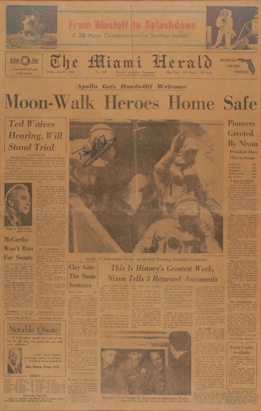 Apollo 11 Vintage Crew Signed Original 1969 Miami Herald Newspaper Following Their Historic Mission! (JSA)