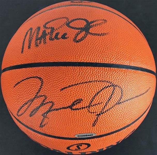 90s Finest: Michael Jordan & Magic Johnson Dual Signed Leather NBA Basketball (Upper Deck & PSA/DNA)