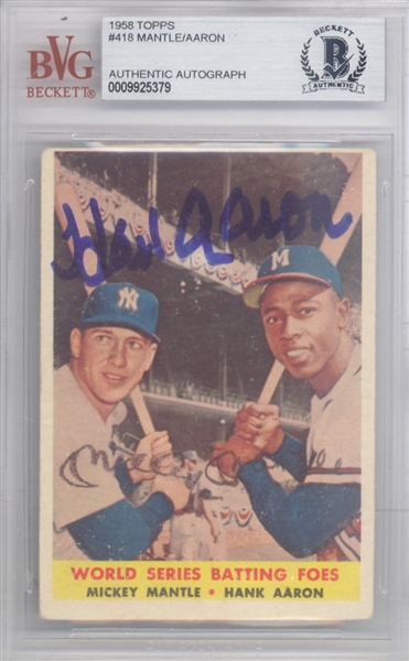 Hank Aaron & Mickey Mantle Dual-Signed 1958 Topps Batting Foes Card #418 (BAS/Beckett Encapsulated)