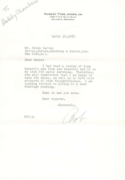 Robert "Bobby" T. Jones Signed Pre-Accident 1952 Typed Letter (Beckett)