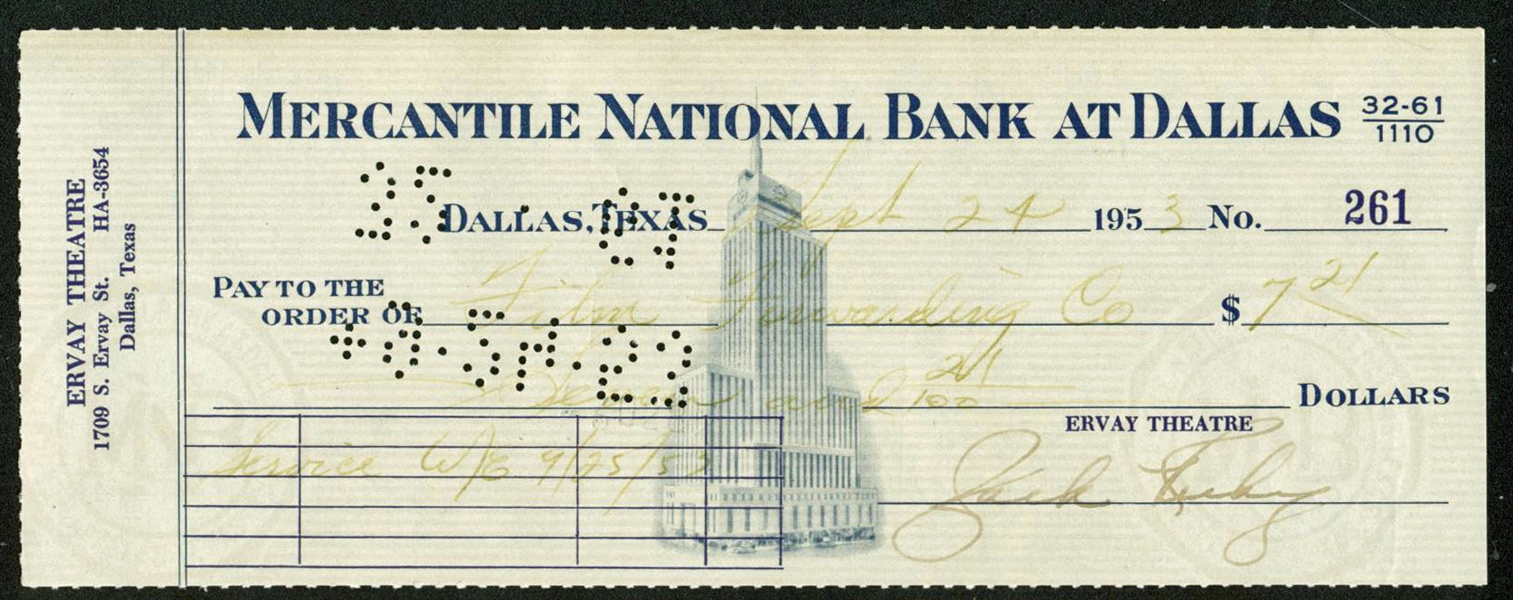 Jack Ruby Signed Hand Written 1953 Bank Check (Beckett/BAS)