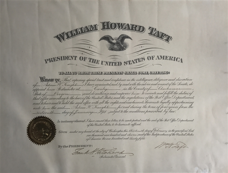 President William H. Taft Signed 1911 Postmasters Appointment (BAS/Beckett)