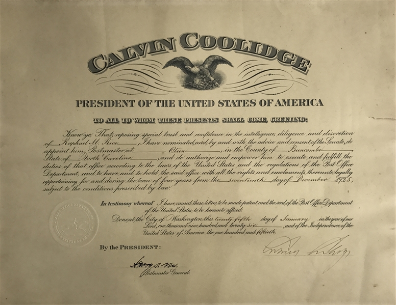 Calvin Coolidge Signed 1926 Presidential Appointment Document (Beckett/BAS)