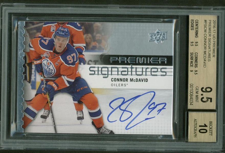 Connor McDavid Signed 2016-17 UD Premier #PSCM Card BGS 9.5 w/ 10 Auto!